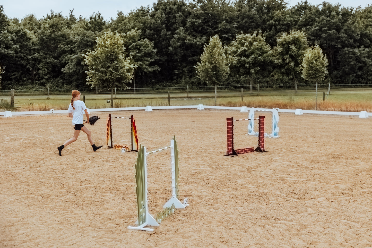 Springzaun Springparcours Springhindernis Show, Zaun aus Ziegelsteinen