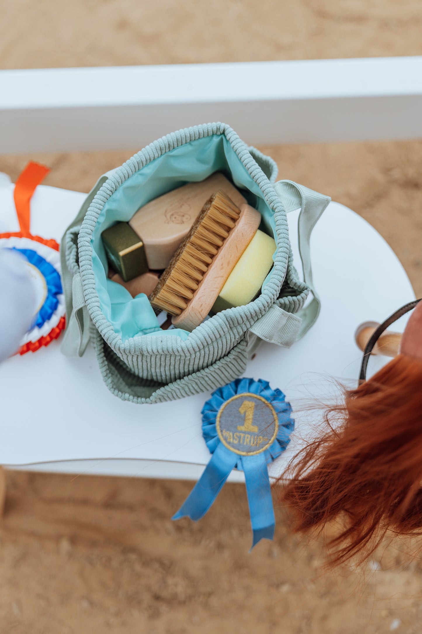PFLEGETASCHE AUFBEWAHRUNGSTASCHE FÜR HOBBY PFERDE, CORD, GRÜN