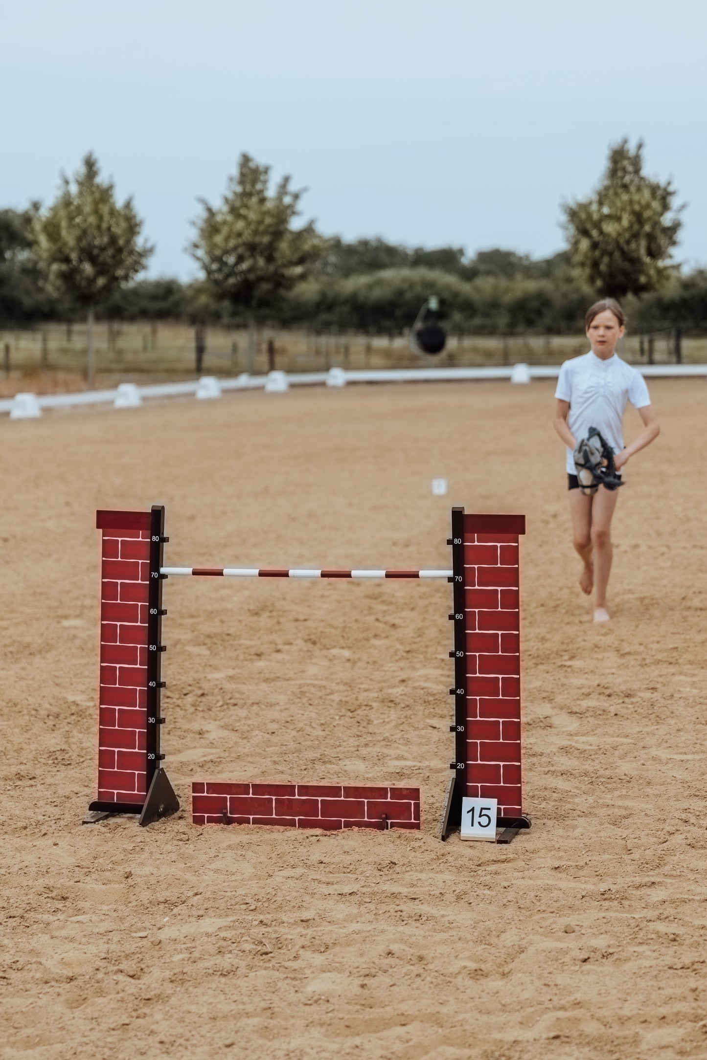 Springzaun Springparcours Springhindernis Show, Zaun aus Ziegelsteinen